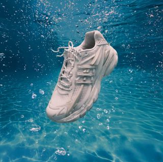 Campaign imagery for Pharrell Williams' VIRGINIA Adistar Jellyfish adidas collaboration in a "Triple White" color scheme.
