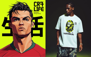 Flyer for the Cristiano Ronaldo CR7® LIFE Museum in Hong Kong next to a commemorative shirt by BAPE®.