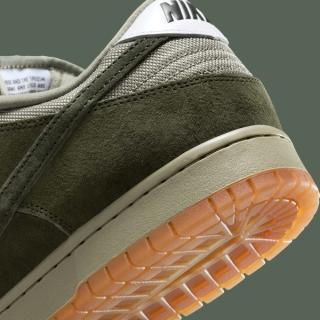 Heel close-up of the Nike SB Dunk Low Pro B in a "Sequoia/Oil Green" color scheme.