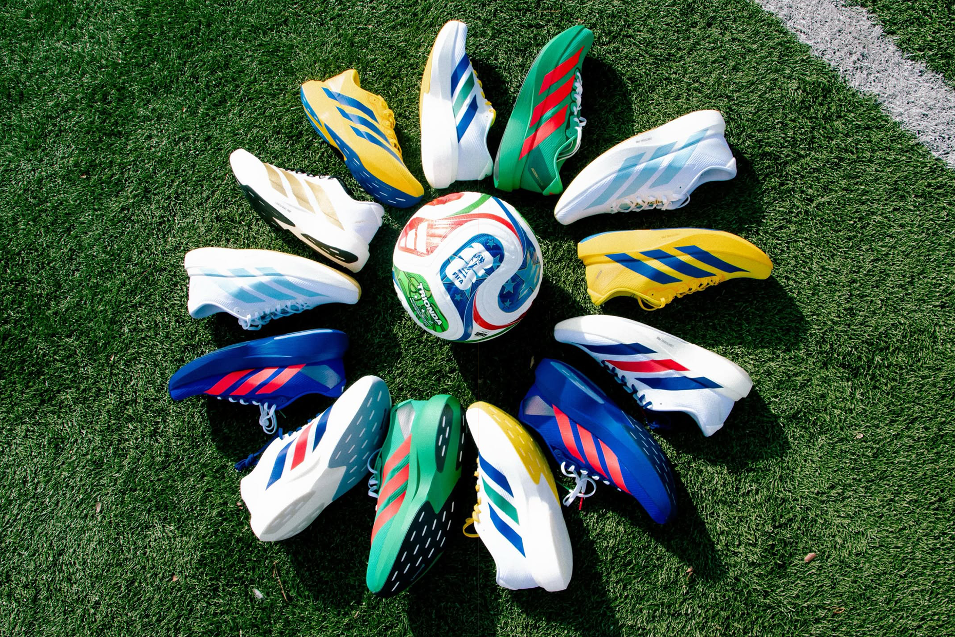 Football federation-inspired adidas Adizero Evo SL pairs. Photo via @heartbreak.run on Instagram.