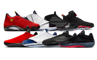 Air Jordan 40 in "Ferrari," "Midnight Navy," "Black Stealth," and "Infrared 23" color schemes inspired by the Air Jordan 14, Air Jordan 23, Air Jordan 16, and Air Jordan 6,  respectively.