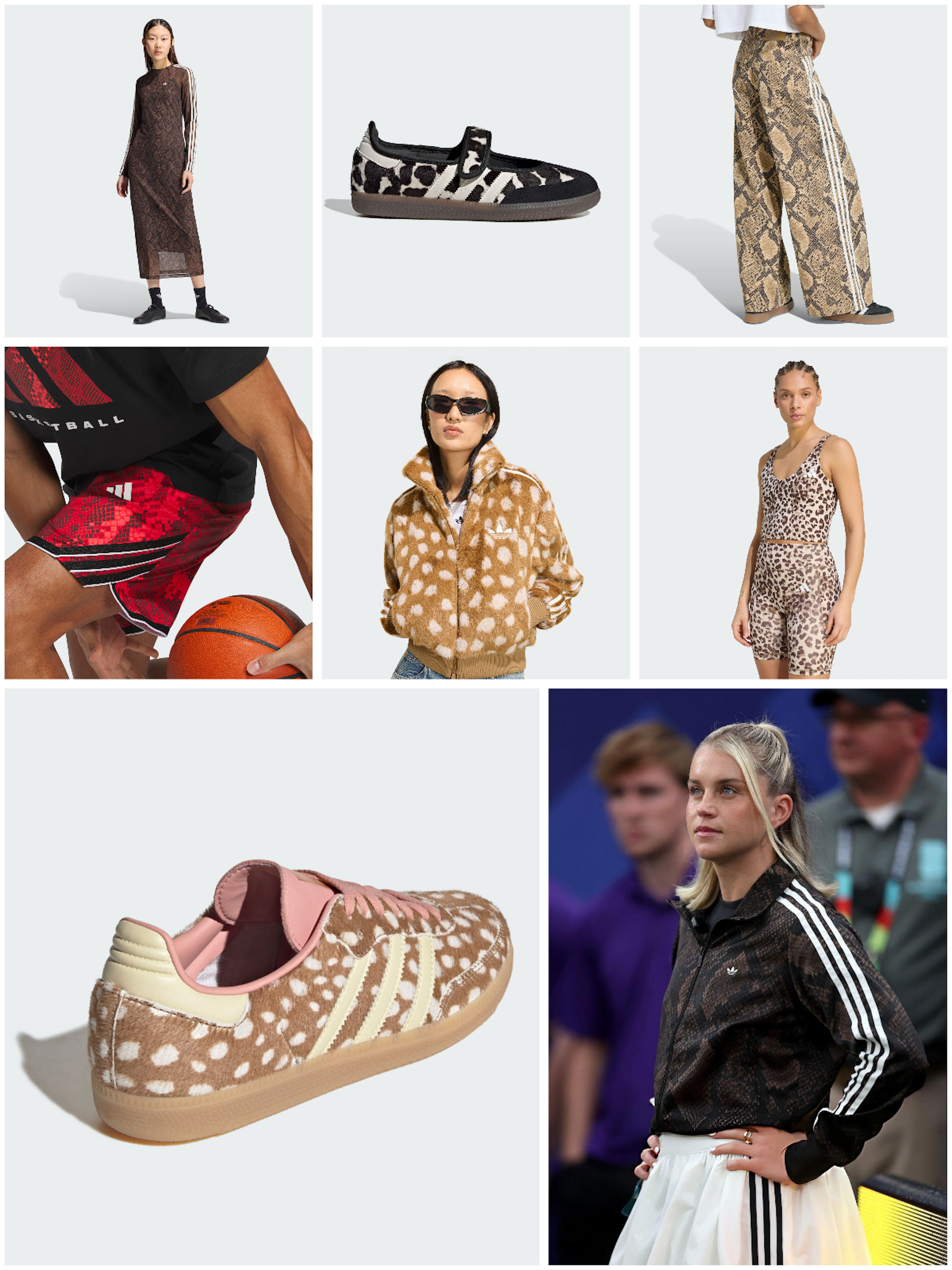 Nine different animal print-covered adidas apparel, footwear & accessories for Fall/Winter 2026—including deer print & snakeskin patterns.