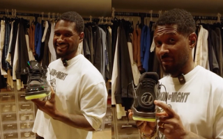 Usher Raymond IV showing off the 1-of-1 Air Jordan 4 he almost wore for his Super Bowl LVIII Half-Time Performance.