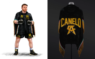 Sketch of Saúl "Canelo" Àlvarez wearing custom AMIRI for his fight against Terence Crawford.