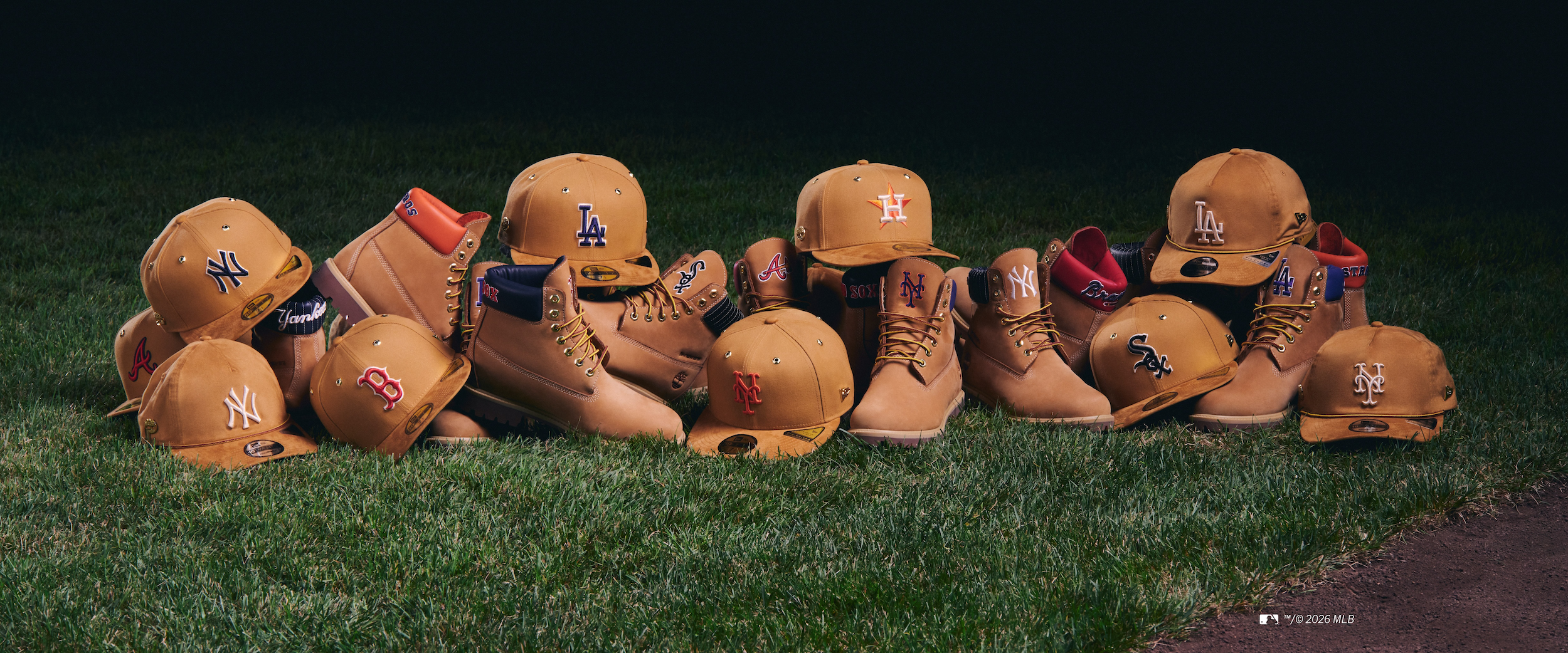 Timberland® x New Era® x MLB "Wheat" 6-inch boot & cap collection dedicated to teams like the New York Yankees, Los Angeles Dodgers, and Boston Red Sox. Photo via Timberland.