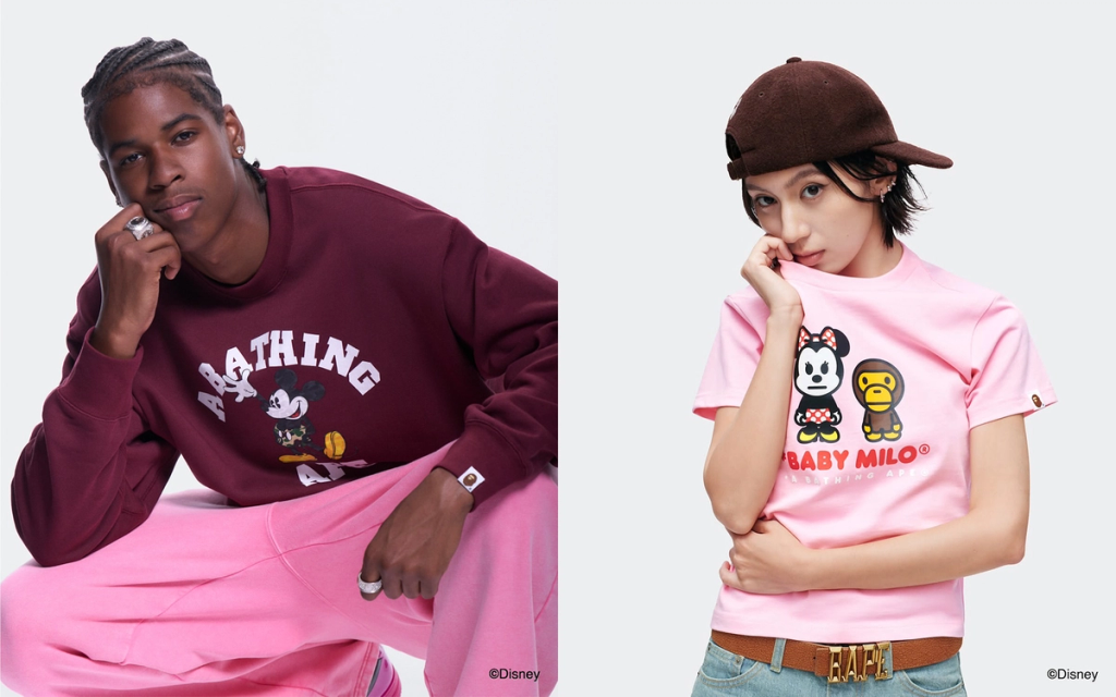 A BATHING APE x Disney Mickey & Friends collaboration streetwear collection featuring character graphics and BAPE design elements