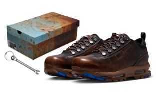 Taller de Rafa x Nike Air Max Goadome Low collaboration in a "Mosswood Brown/Phantom/Metallic Silver" color scheme.