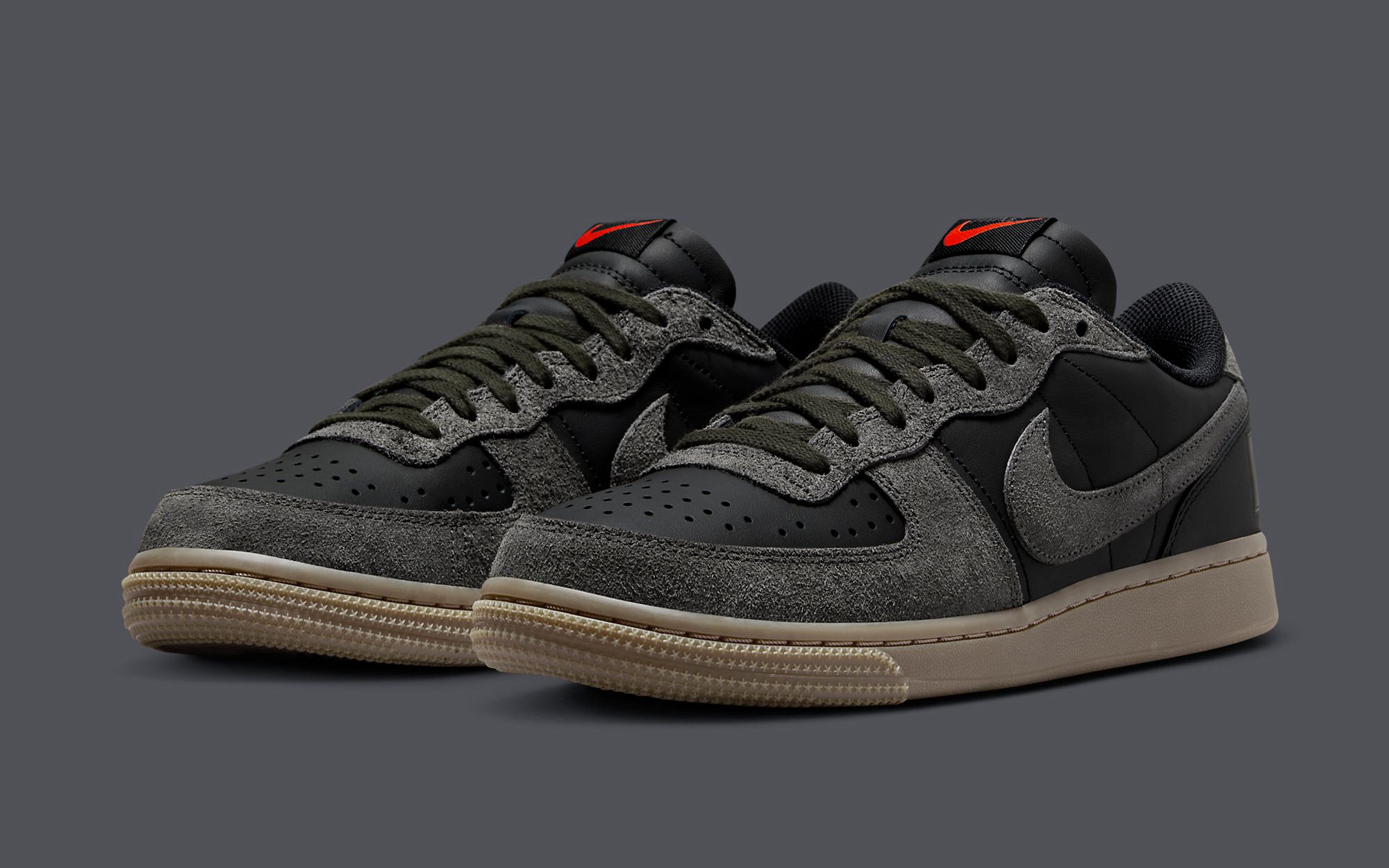 The Nike Terminator Low Surfaces in a Smokey Black and Medium Ash Color  Scheme