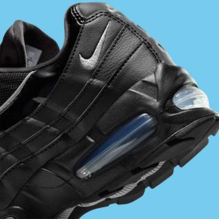 Heel close-up of Nike's Air Max 95 Big Bubble sneaker in a "Black" patent leather makeover.
