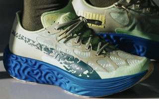 Salahe Bembury's PUMA Velum NITRO™ in a green-and-blue color scheme.