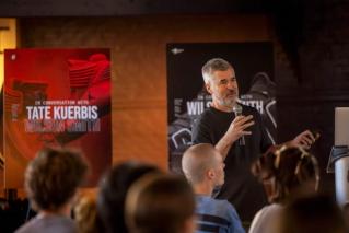 Tate Kuerbis speaking at SCAD SNKR Culture Week 2025.