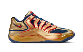 Kevin Durant's Nike KD 18 "Metallic Gold" from the 2024 Olympics.