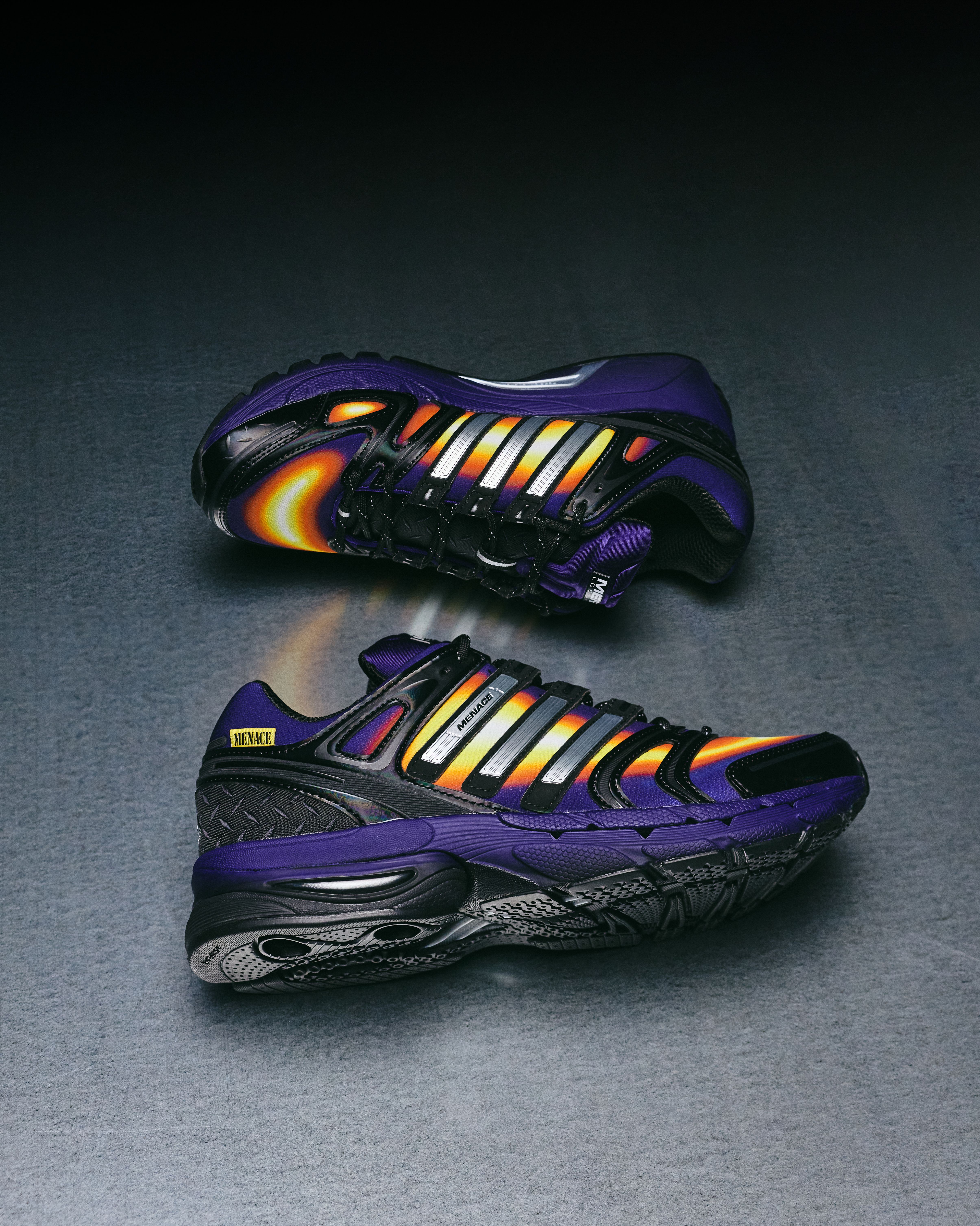 MENACE x adidas Adistar Control 5 "Heat Signature" collaboration.