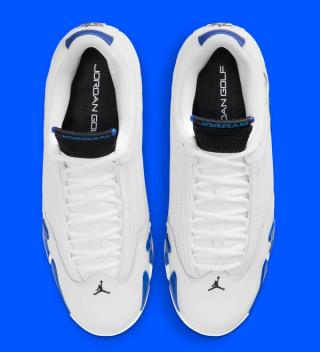 Top-down view of the Air Jordan 14 Golf shoe in a "White/Hyper Royal/Black" color scheme.