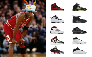 An A.I.-generated image of Michael Jordan wearing a "Happy Birthday" hat next to profile angles of Air Jordan designs that've released during milestone anniversary years.
