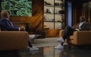 NBC's Mike Tirico (left) sitting down with Michael Jordan (right) for the "MJ: Insights To Excellence" interview.