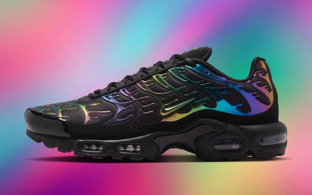Nike Air Max Plus in oil slick finish, showcasing iridescent colorway across upper and exoskeleton