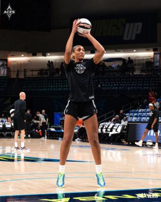 A'ja Wilson wearing Mulan-inspired Nike A'Two. Photo via Las Vegas Aces.