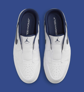Top-down view of Air Jordan 1 Mule Golf shoe in a "White/Midnight Navy" color scheme.