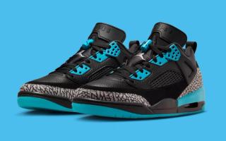 Jordan Spizike Low in a "Black/Gamma Blue/Wolf Grey" color scheme.
