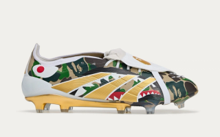 BAPE®︎ x Adidas Predator Elite Tongue FG "Hemp/Gold" football boots collaboration.