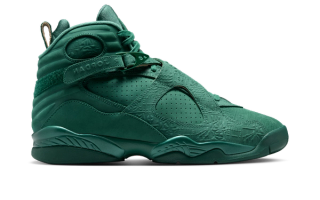 Official photo of the Air Jordan 8 "Bin23" retro in a "Legion Pine/Legion Pine/Red" color scheme.