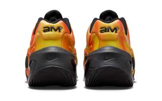 Heel angle of Nike's Air Max Muse in a yellow, black, and red color scheme.