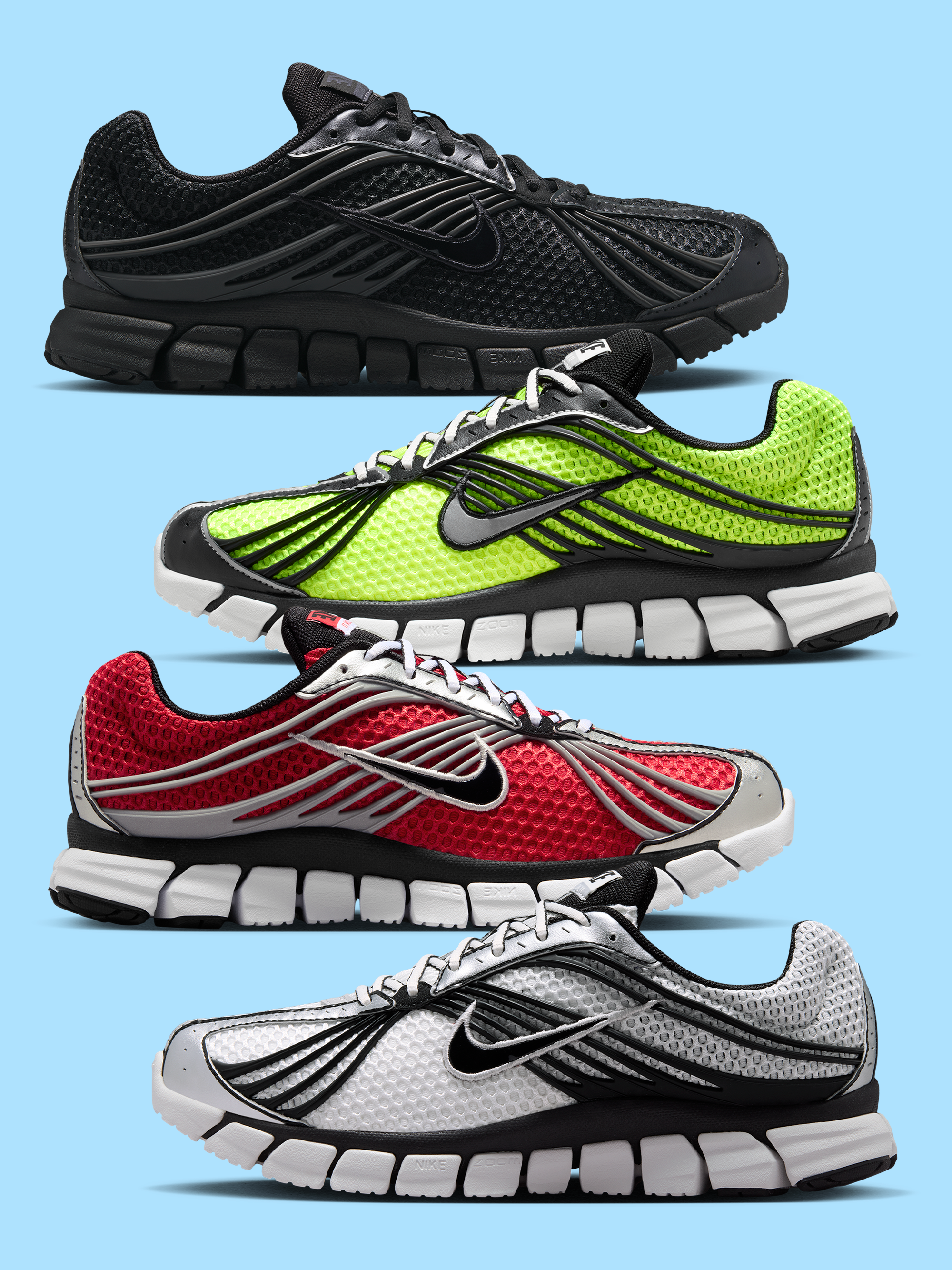 Four different retro Nike Zoom Skylon 11 releases, featuring "Volt" and "Black" color schemes.