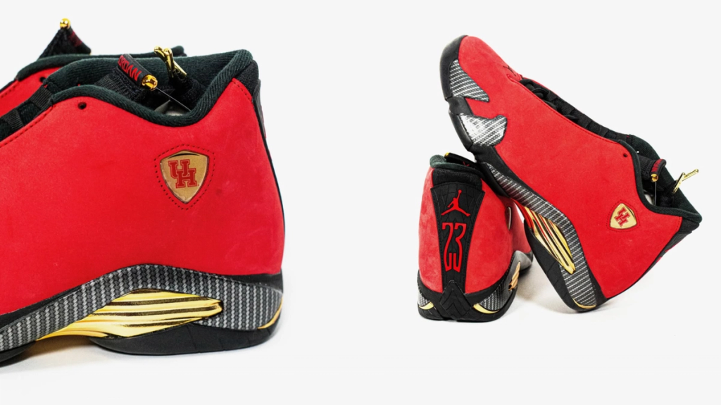 Air Jordan 14 Houston Cougars PE in team colorway, showing side profile of the silhouette with school colors and design details