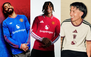 Manchester United's 26/27 Adidas Home, Away & Third Jerseys, in short-sleeve and long-sleeve forms, worn by Matheus Cunha, Patrick Dorgu & Lisandro Martínez.