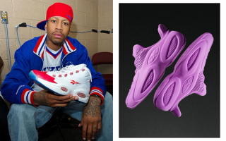 Left: Allen Iverson holding the original Reebok Question Mid; Right: 3D-printed Question 96/26 by Zellerfeld. Photos by Jeff Fusco/Getty Images for Reebok via New York Times.