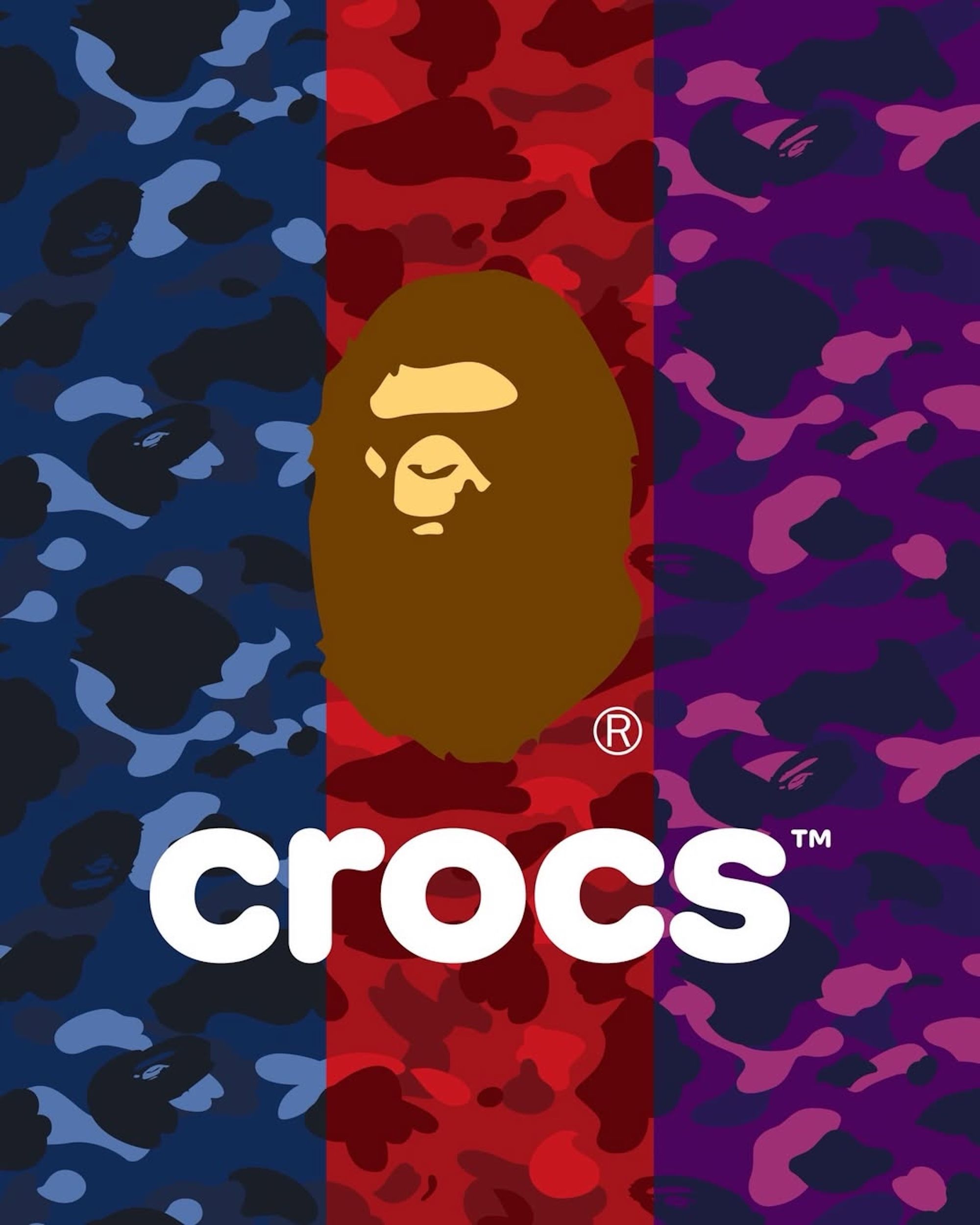 BAPE®︎ & Crocs logo lockup for upcoming collaboration, featuring A BATHING APE®︎ ABC camo patterns in blue, red, and purple.