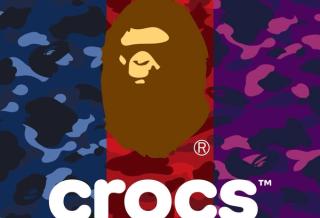 BAPE®︎ & Crocs logo lockup for upcoming collaboration, featuring A BATHING APE®︎ ABC camo patterns in blue, red, and purple.