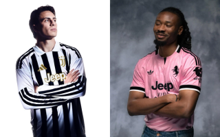 Juventus 26/27 adidas Home & Away Authentic Short-Sleeve Jerseys, featuring white, black, and gold & "True Pink" color schemes.
