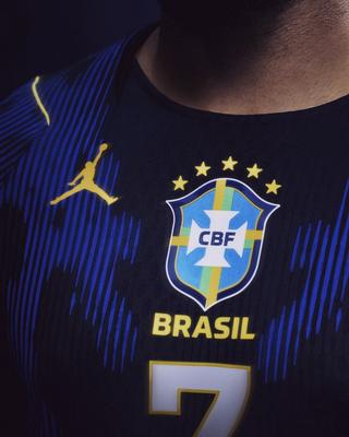 Close-up of Jumpman Logo & CBF Crest on Brazil's Away Jersey. Photo via Nike.
