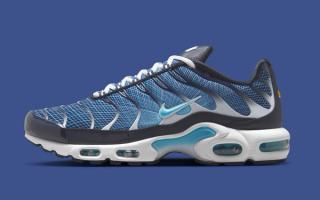 Lateral angle of Nike's Air Max Plus featuring a "Blue Chill" grid pattern across the upper.