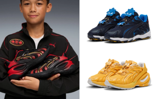Sonic the Hedgehog x PUMA sneaker collaboration for Kids inspired by Sonic, Tails, and Shadow.