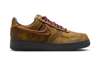 Nike Air Force 1 Low "Boucle" in a "Desert Moss/Midwest Gold/Baroque Brown/Fierce Pink" color scheme.