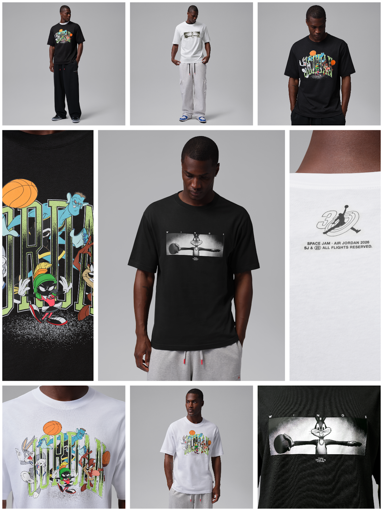Collage showing four graphic t-shirts from the Jordan Brooklyn "Space Jam" 30th anniversary apparel collection.