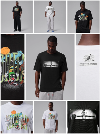 Collage showing four graphic t-shirts from the Jordan Brooklyn "Space Jam" 30th anniversary apparel collection.