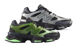 New Balance 9060 Caged sneaker in "Green/Black" and "Silver/Black" color schemes.