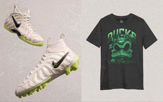 Glow-in-the-dark "Mummy Duck" Nike Vaporposite U.S. Football Cleats for the Oregon Ducks next to a matching graphic t-shirt.