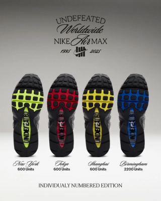 Four different geo-exclusive Nike Air Max 95 collaborations by UNDEFEATED.