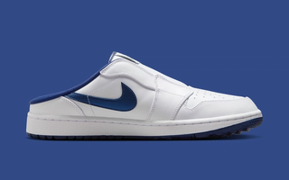 Medial angle of Air Jordan 1 Mule Golf shoe in a "White/Midnight Navy" color scheme.