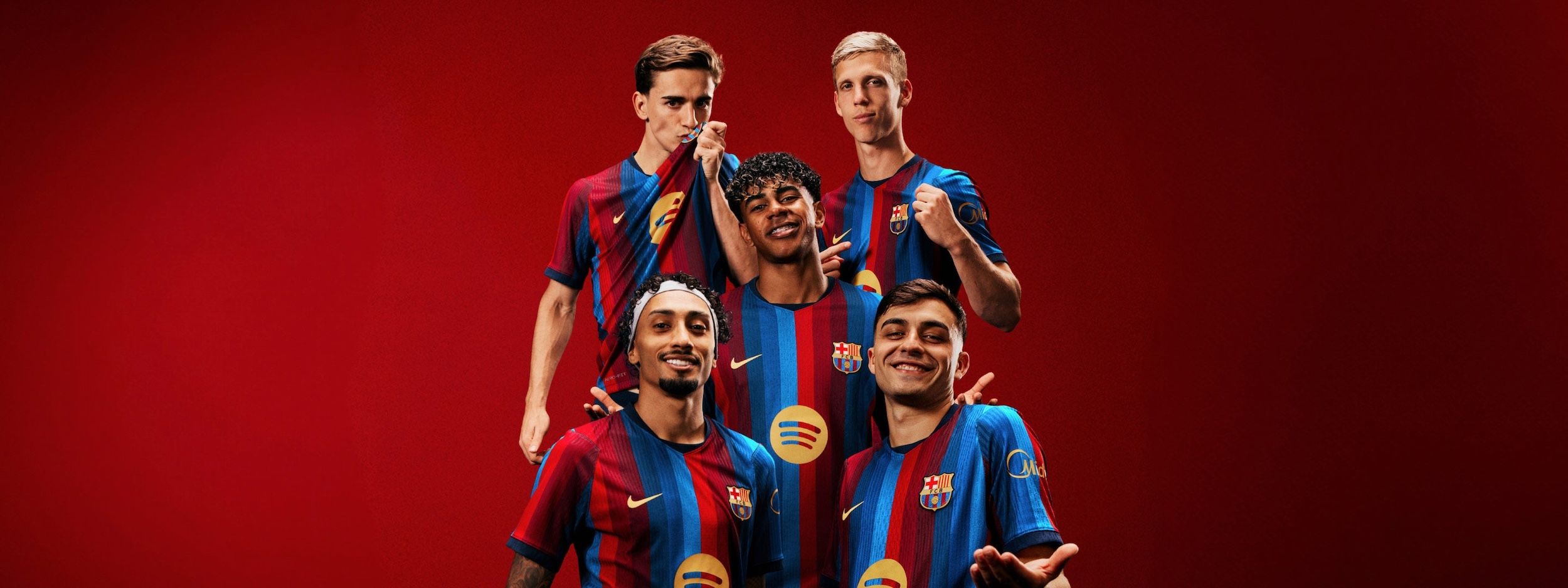 Raphinha, Lamine Yamal, Pedri, Gavi & Dani Olmo wearing FC Barcelona's 2026/27 Home kit by Nike.