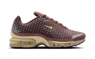 Kylian Mbappé's Nike Air Max Plus VII in a "Plum Eclipse/Metallic Gold Grain/Black/Barely Volt" color scheme.