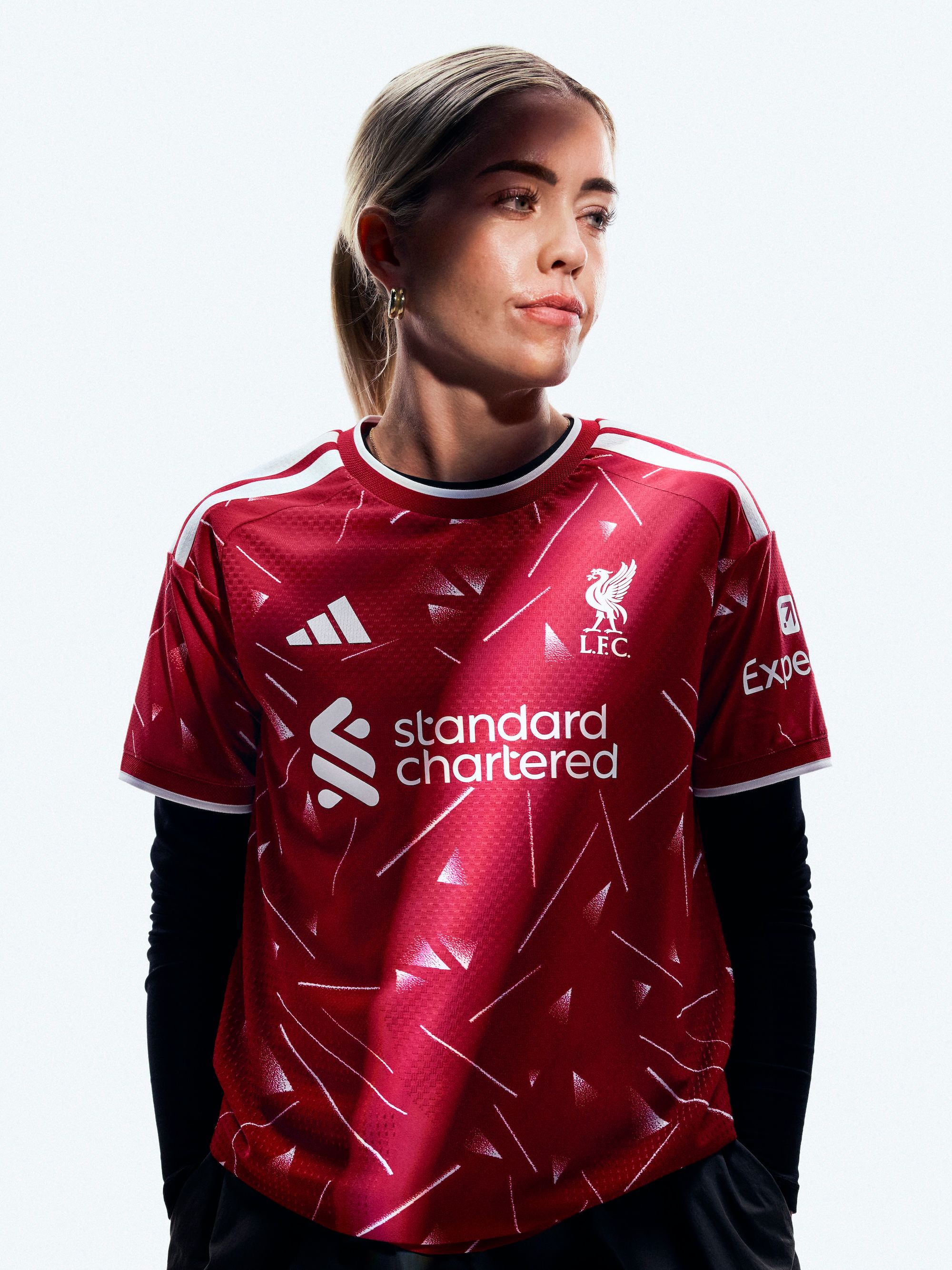 Denise O'Sullivan for Liverpool 26/27 Home kit. Photo via adidas.