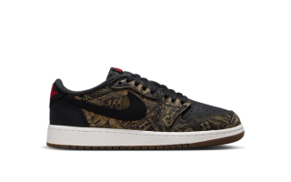 Kid's Air Jordan 1 Low OG “Laser” retro in a "Black/University Red/Palomino/Summit White" color scheme.