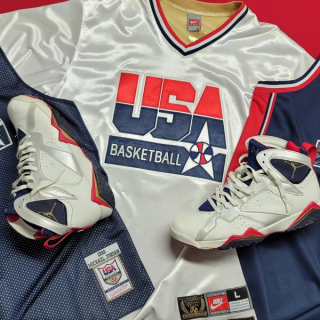 Original Air Jordan 7 "Olympic" with Mitchell & Ness USA Basketball Warm-Ups. Photo by @234lifecollection on Instagram.