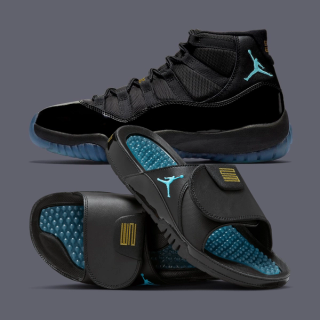 Air Jordan 11 "Gamma"-inspired Jordan Hydro 11 slides.